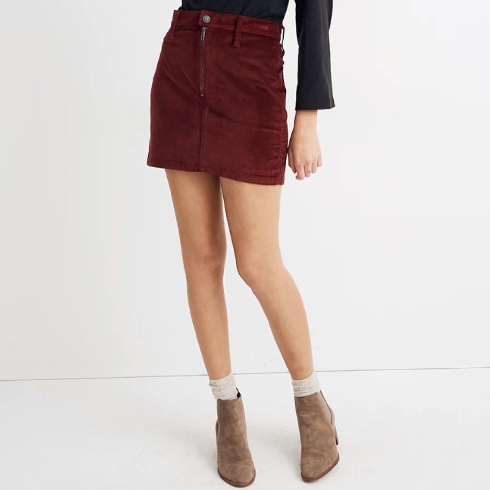 Madewell Stretch Velveteen Straight Zip Mini Skirt - Dark Cabernet - NWT - 27 - Picture 2 of 8